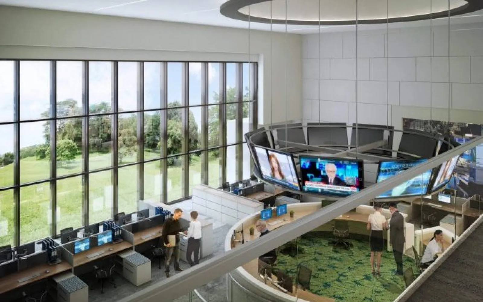 Modern office space with large windows, curved workstations, multiple monitors, and people collaborating inside.