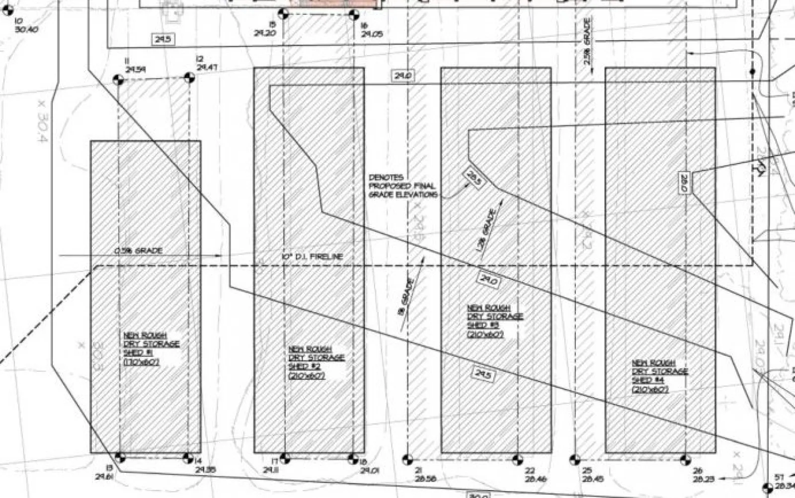 Architectural site plan showing four proposed rectangular storage sheds with detailed measurements and annotations.