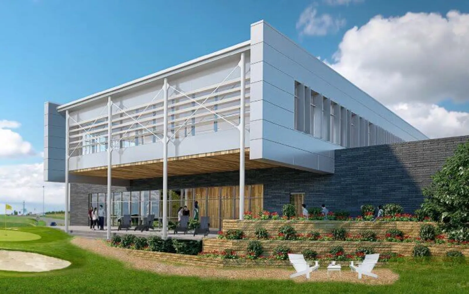 Modern clubhouse with outdoor seating, terraced garden, and people enjoying a sunny day by the golf course.