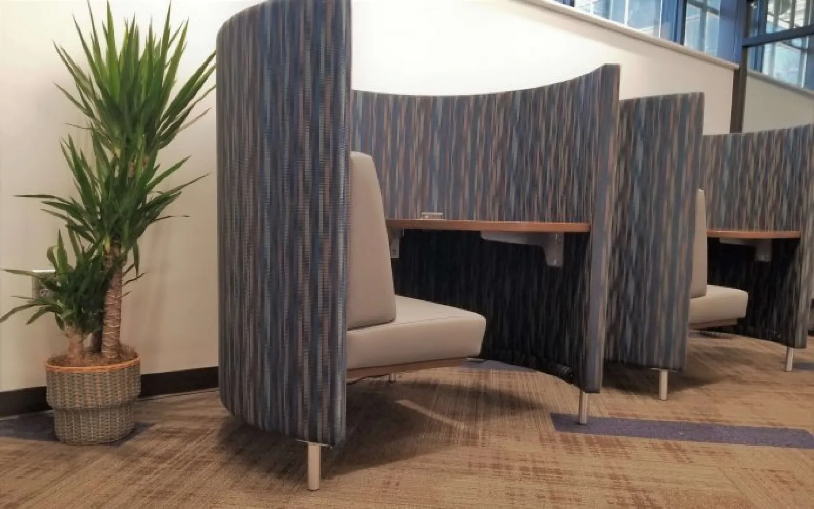 Modern workspace booths with cushioned seats and privacy panels alongside a potted plant in office environment.
