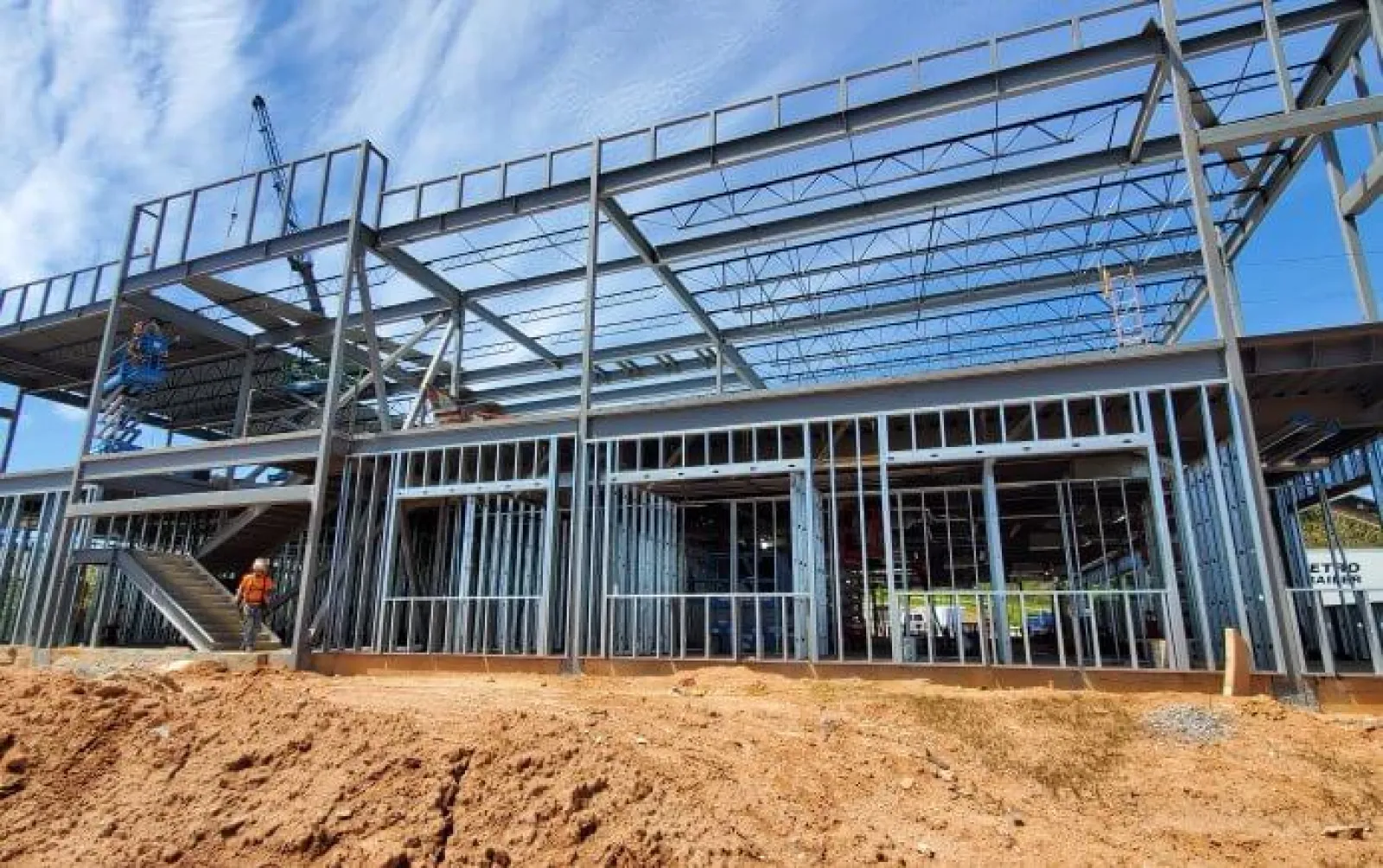 Steel framework construction of a commercial building with workers and clear blue sky background