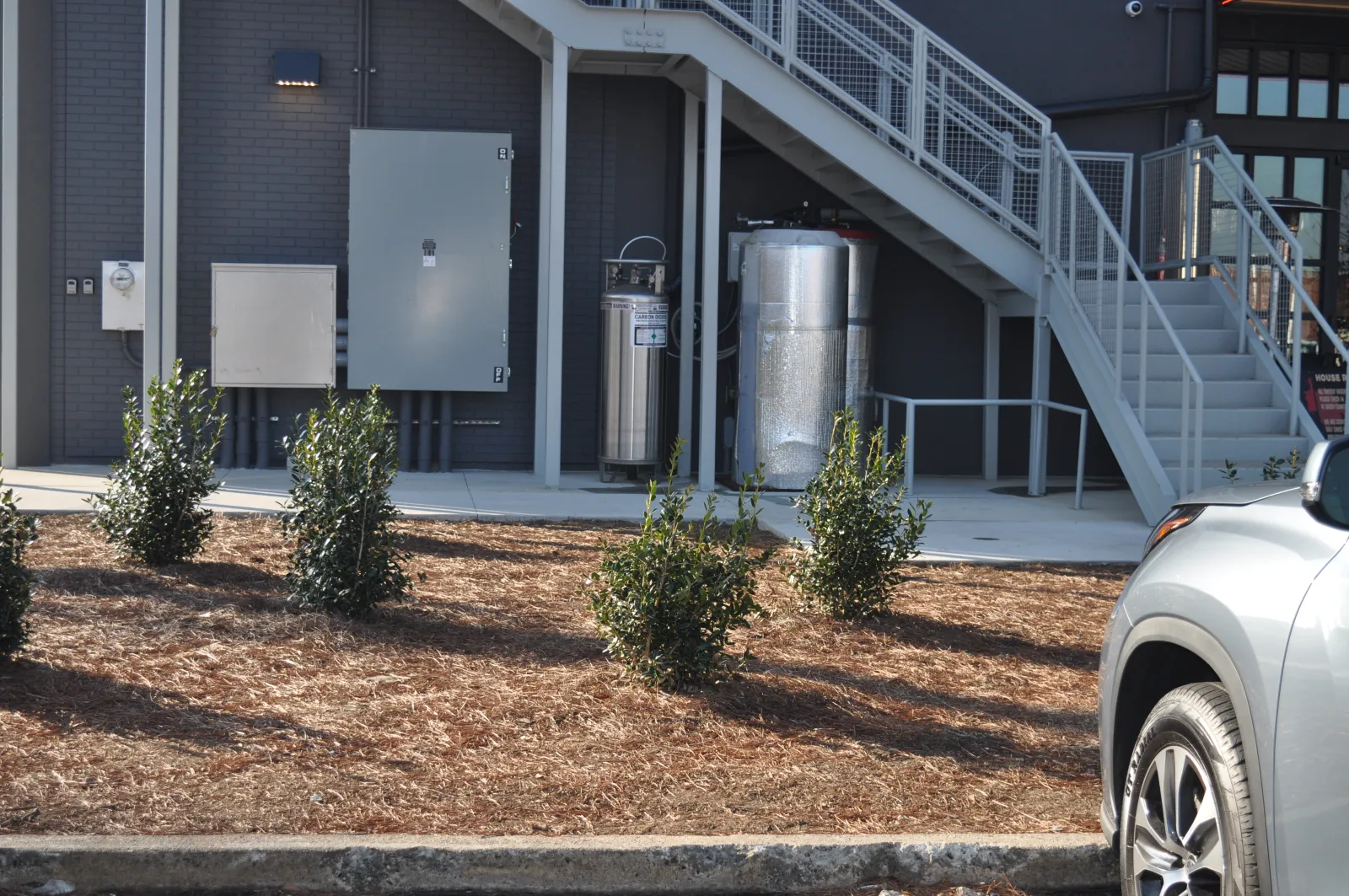 Small bushes planted in mulch bed beside building with utility boxes, stairs, and a parked silver car.