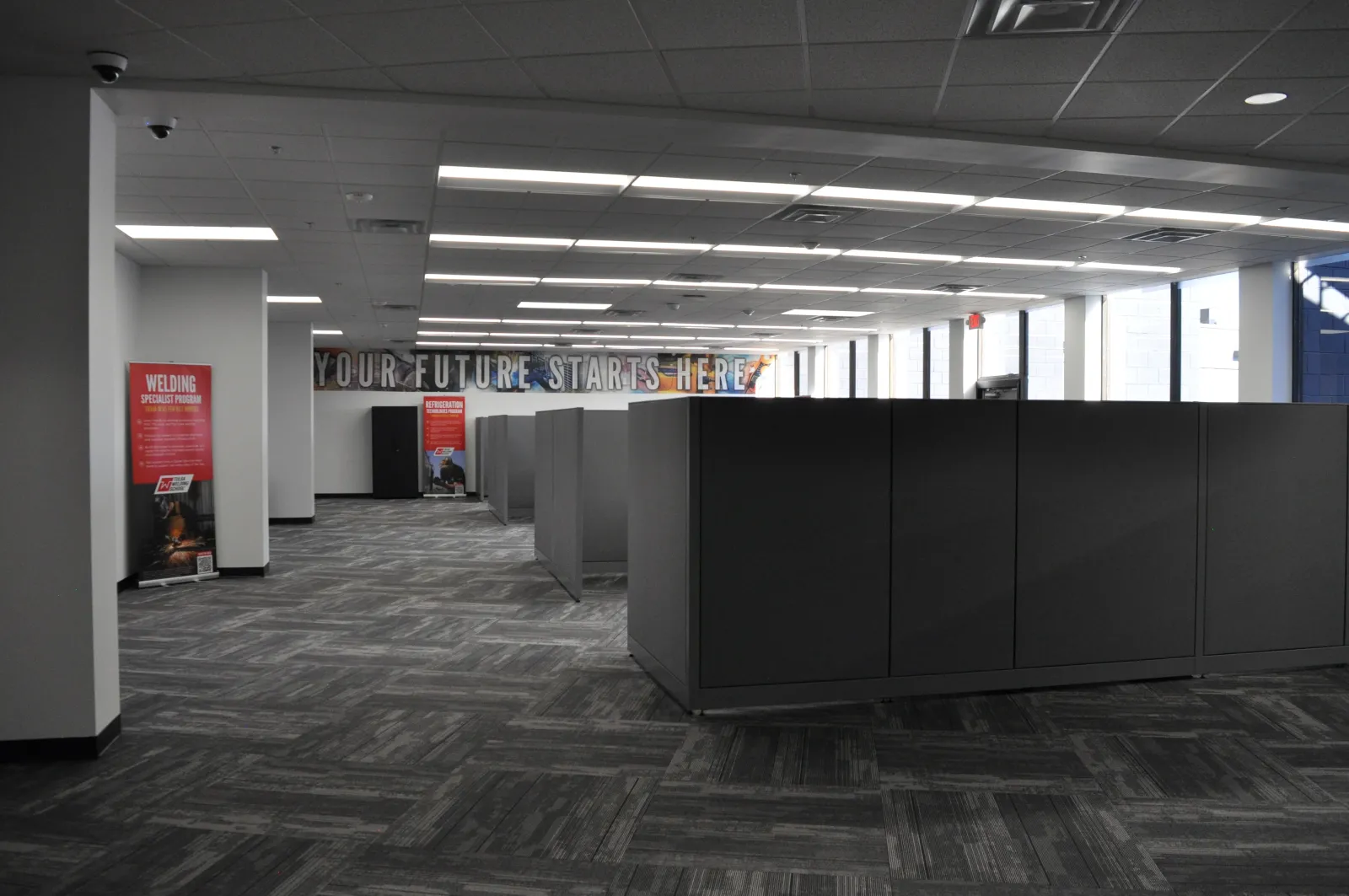 Modern office space with cubicles, carpeted floor, and motivational sign reading Your Future Starts Here