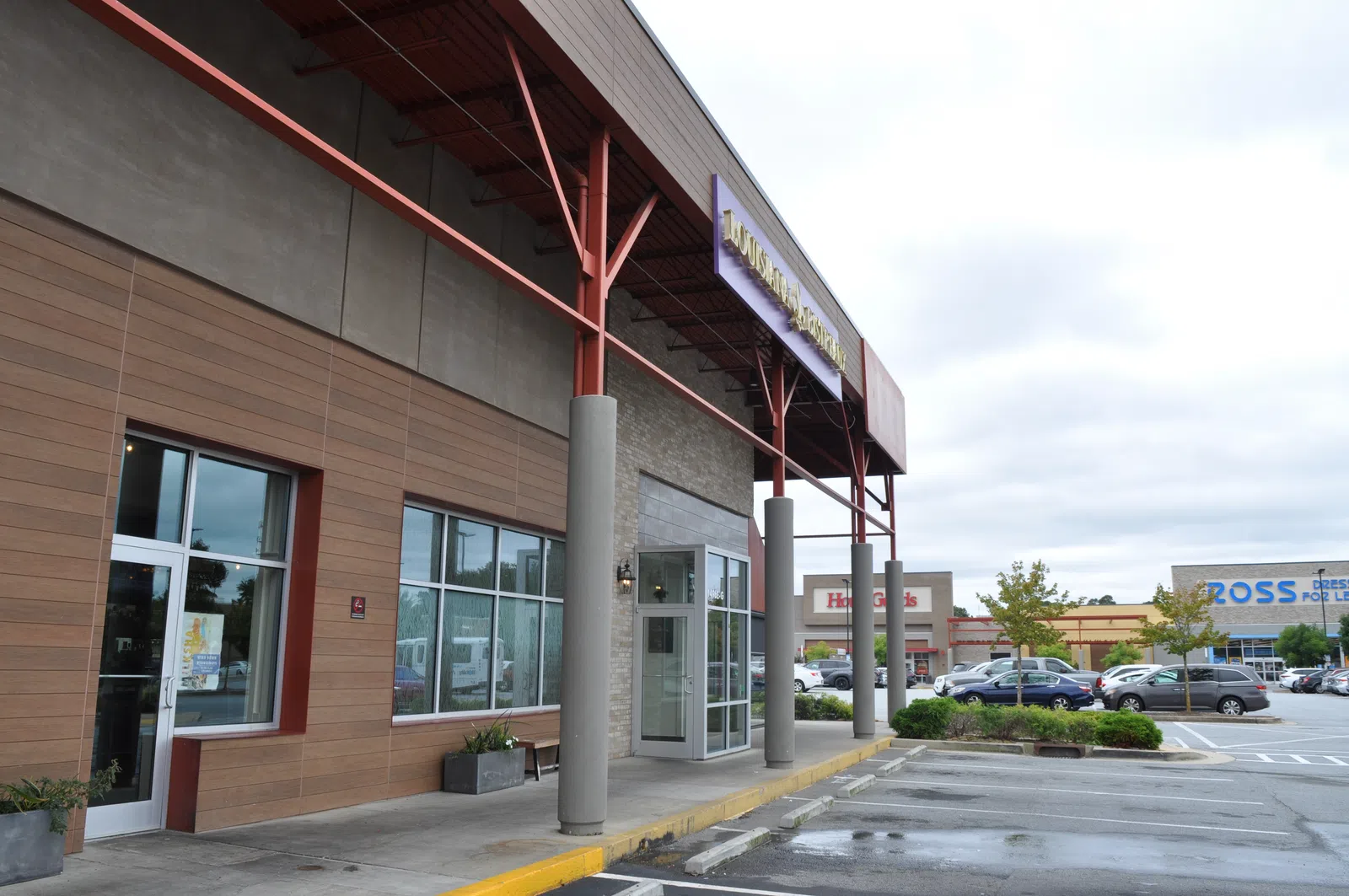 Shopping center with storefronts including Ross Dress for Less and parking lot under cloudy sky.