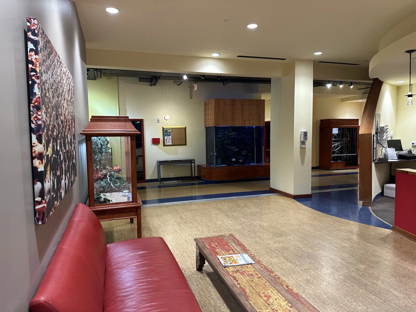 Bright lobby area with a red leather couch, rustic wooden table, aquarium, and modern lighting fixtures.