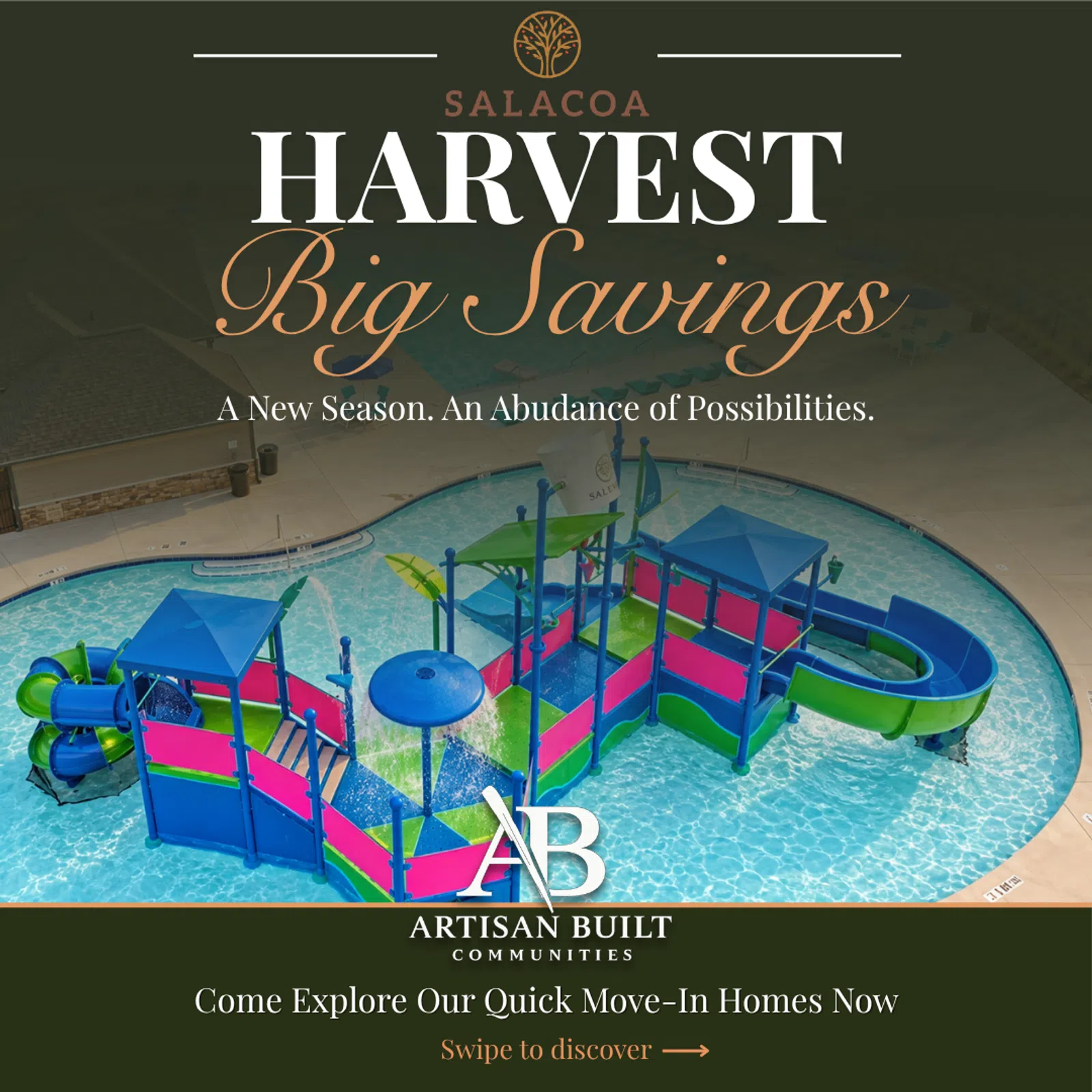 Colorful water play structure in a pool promoting Salacoa Harvest Big Savings homes by Artisan Built Communities.