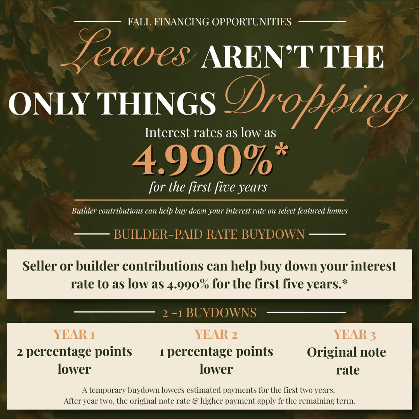 Fall financing promotion highlighting interest rates as low as 4.990% with builder-paid rate buydown options.