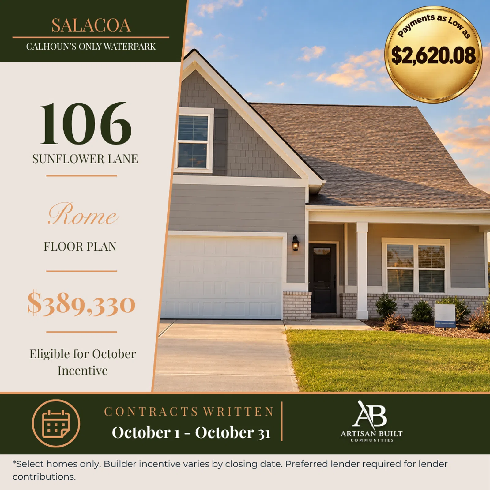 Modern gray single-family home at 106 Sunflower Lane priced at $389,330 with October incentives and low monthly payments.
