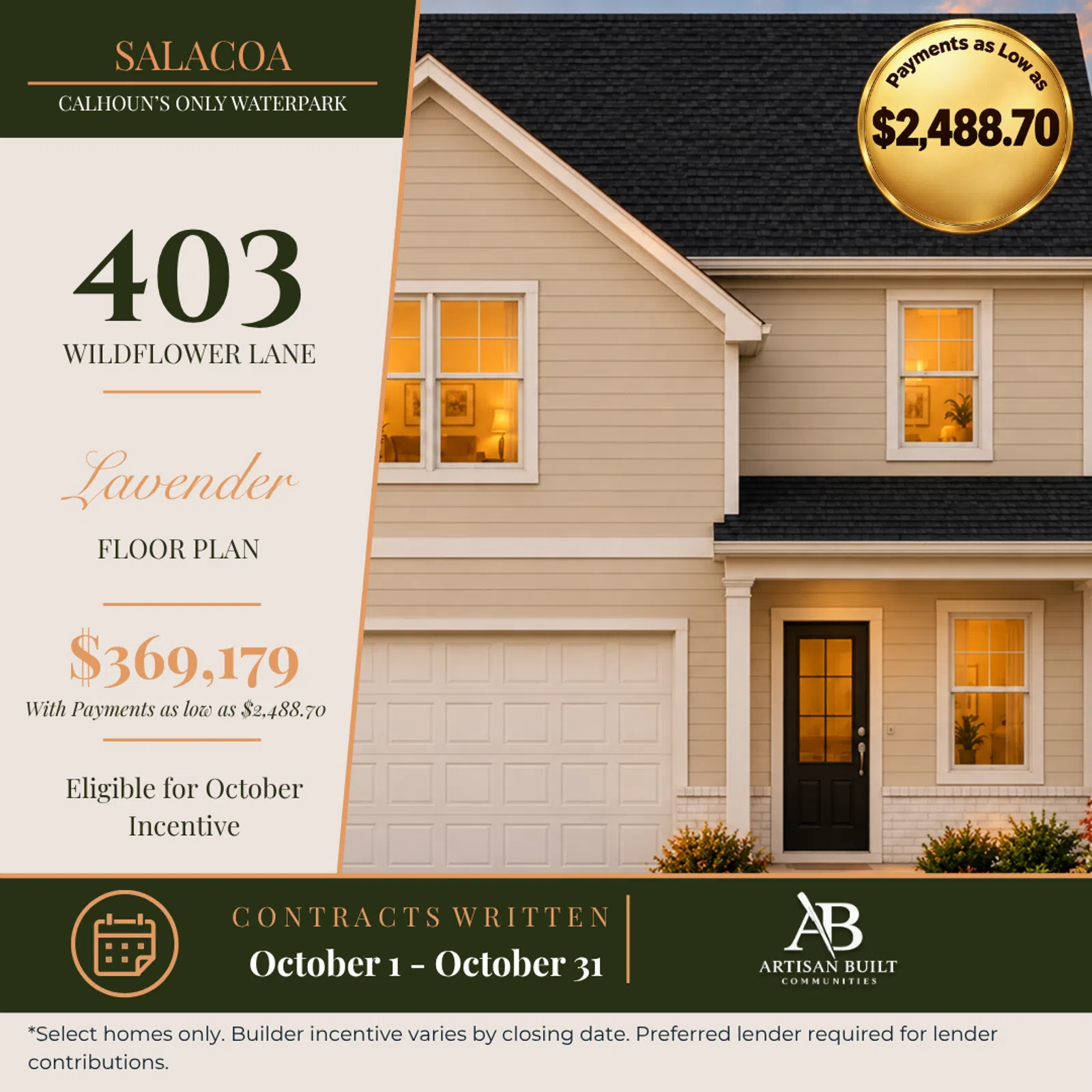 Modern two-story beige house with black door and lit windows advertised for sale at 403 Wildflower Lane.