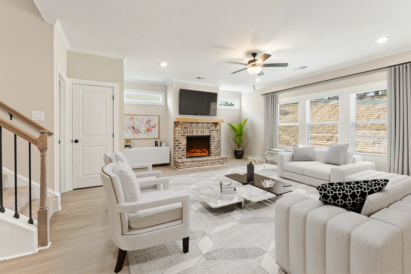 a living room with a fireplace