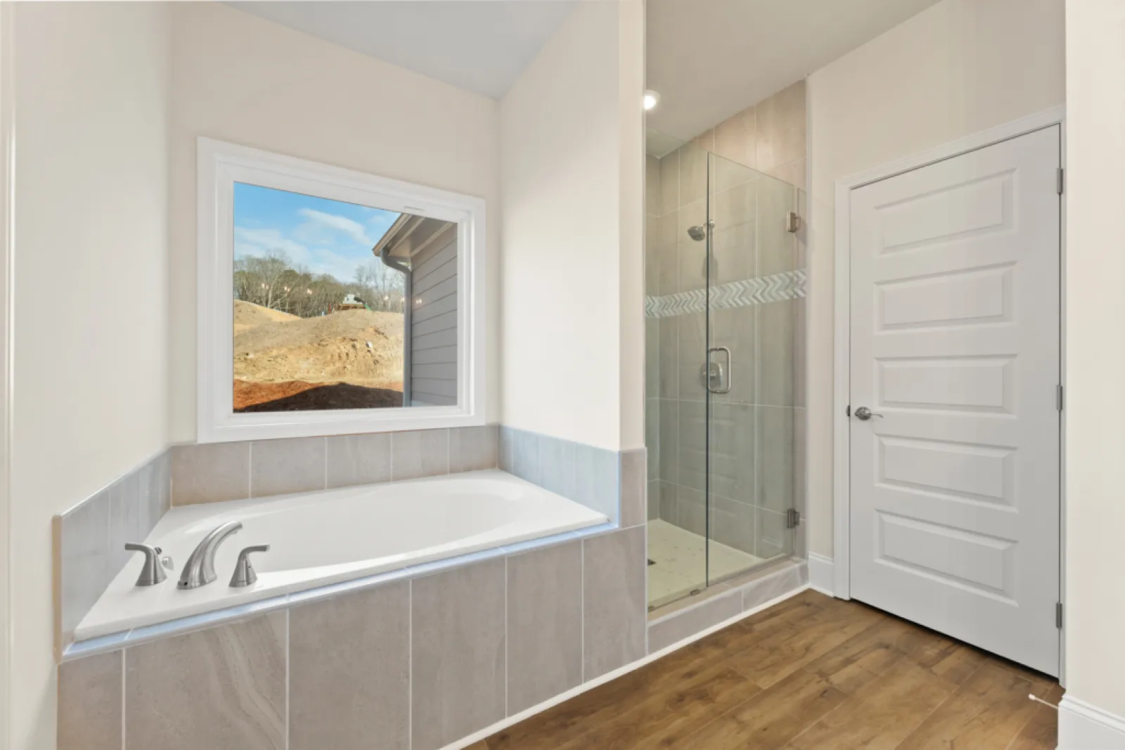 a bathroom with a glass shower