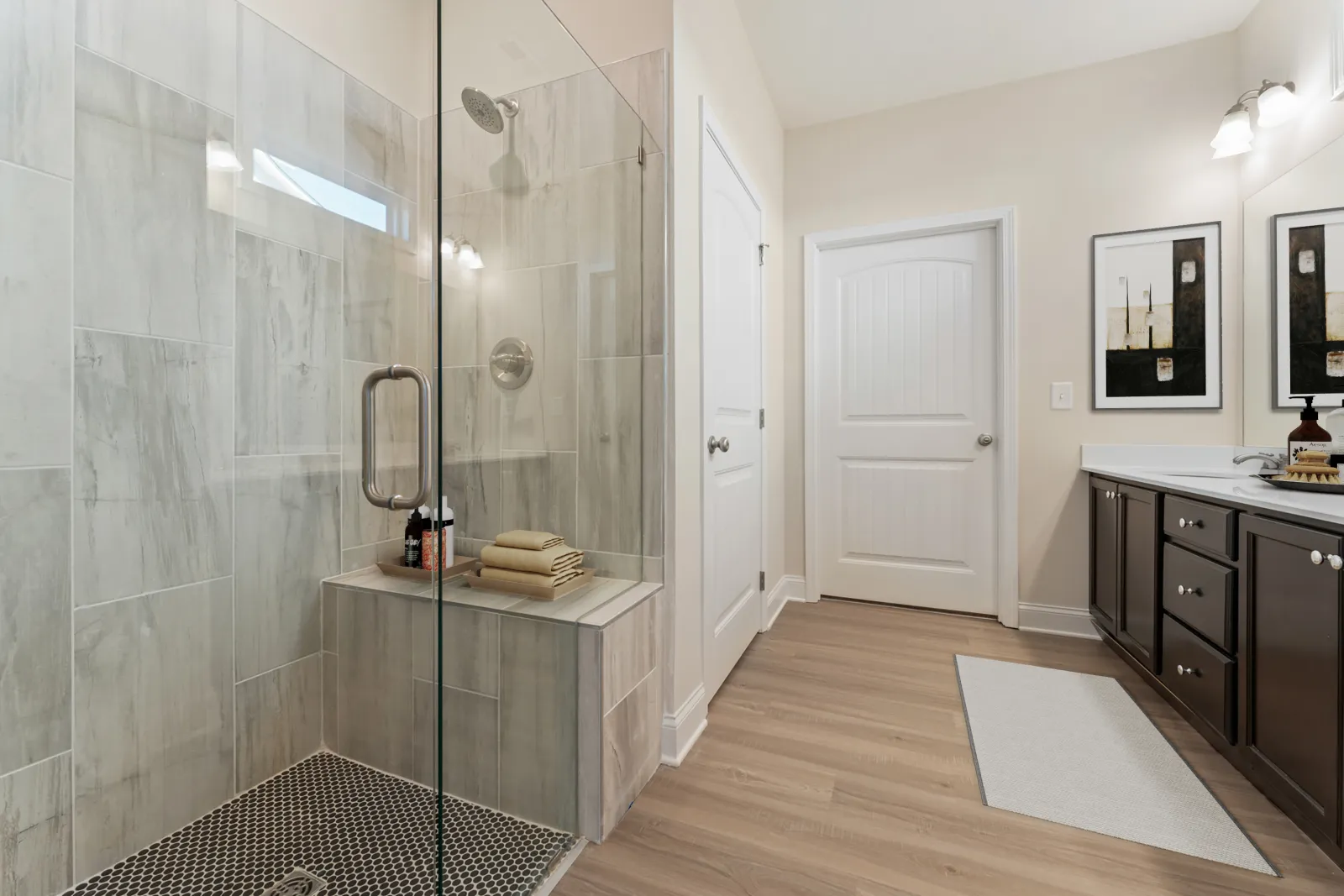 a bathroom with a glass shower