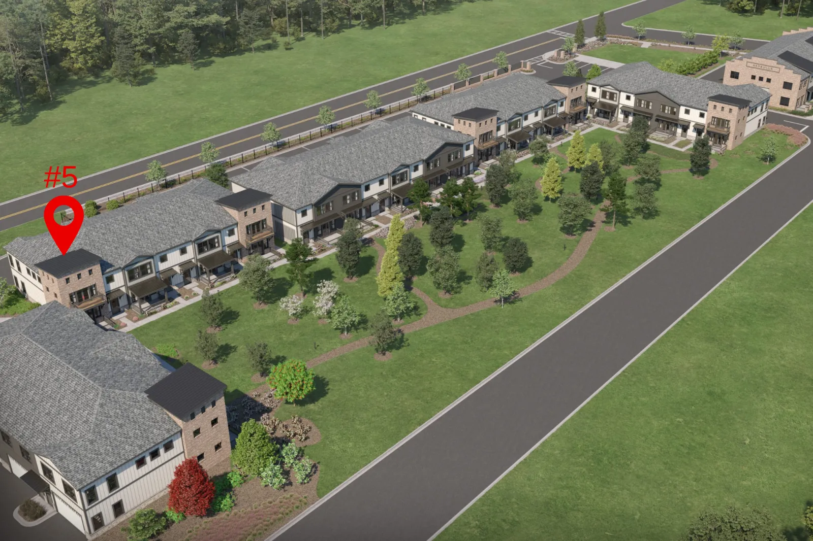 Aerial view of modern townhouse complex with green landscaping and a red location pin marked #5 on one unit.