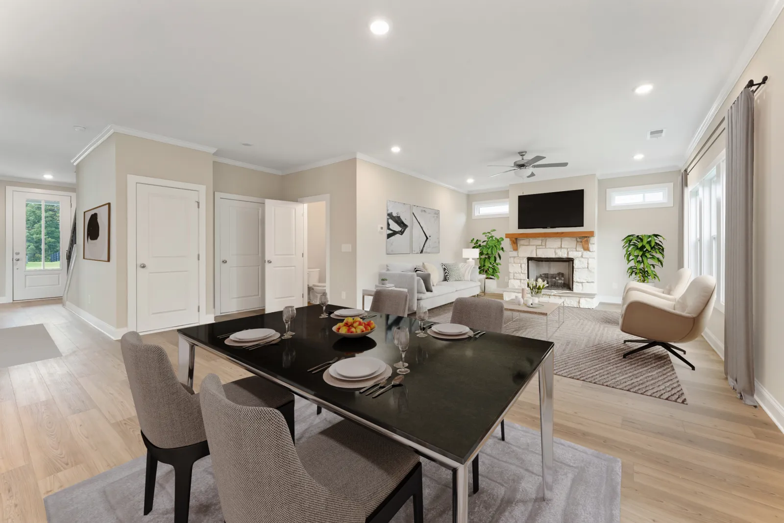 a large dining room with a large table and chairs