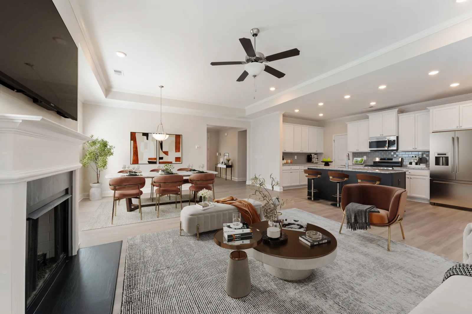 a large kitchen with a dining table