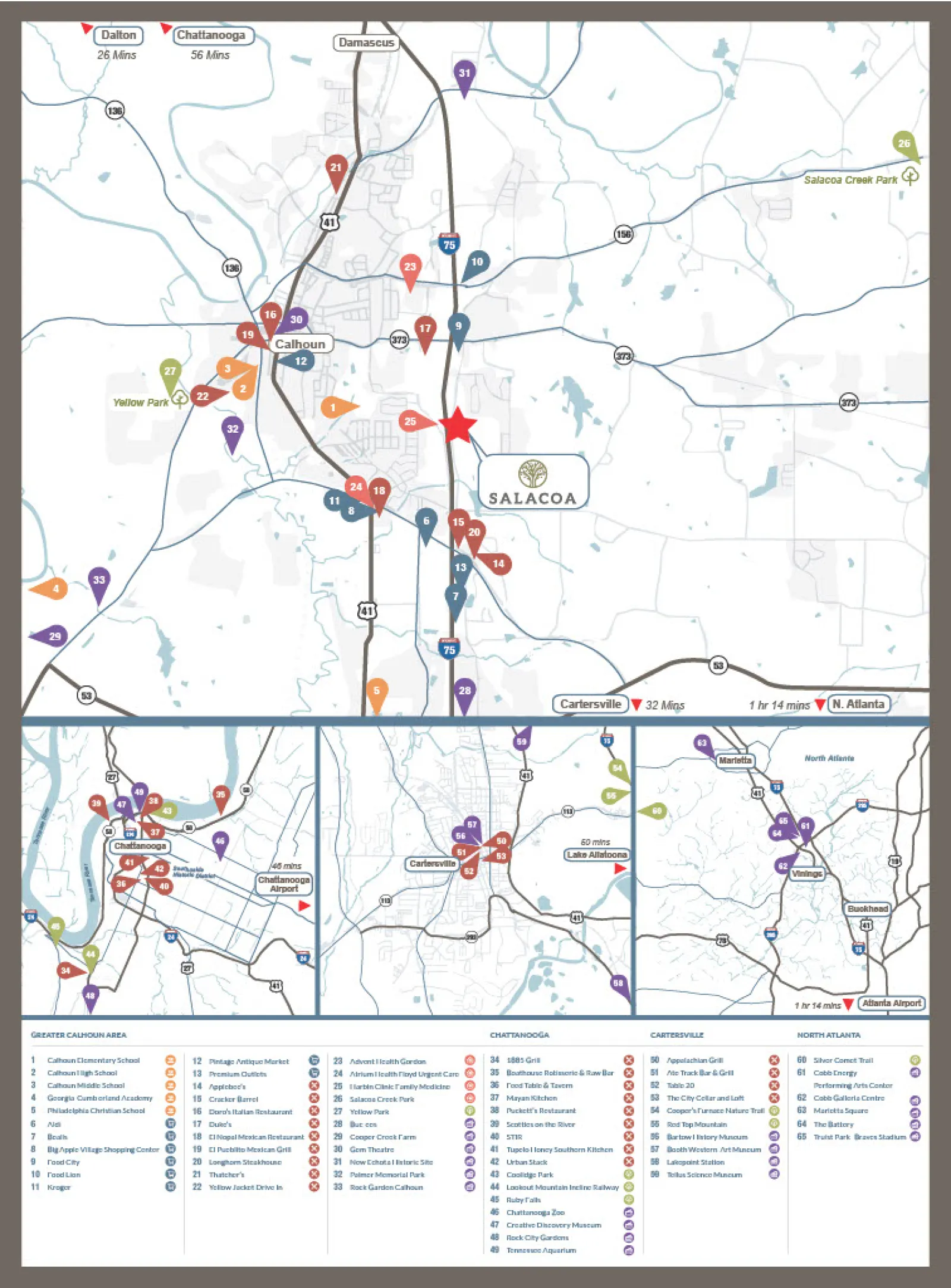 Map highlighting key locations and travel times in Calhoun, Chattanooga, Cartersville, and North Atlanta areas with landmarks and parks.
