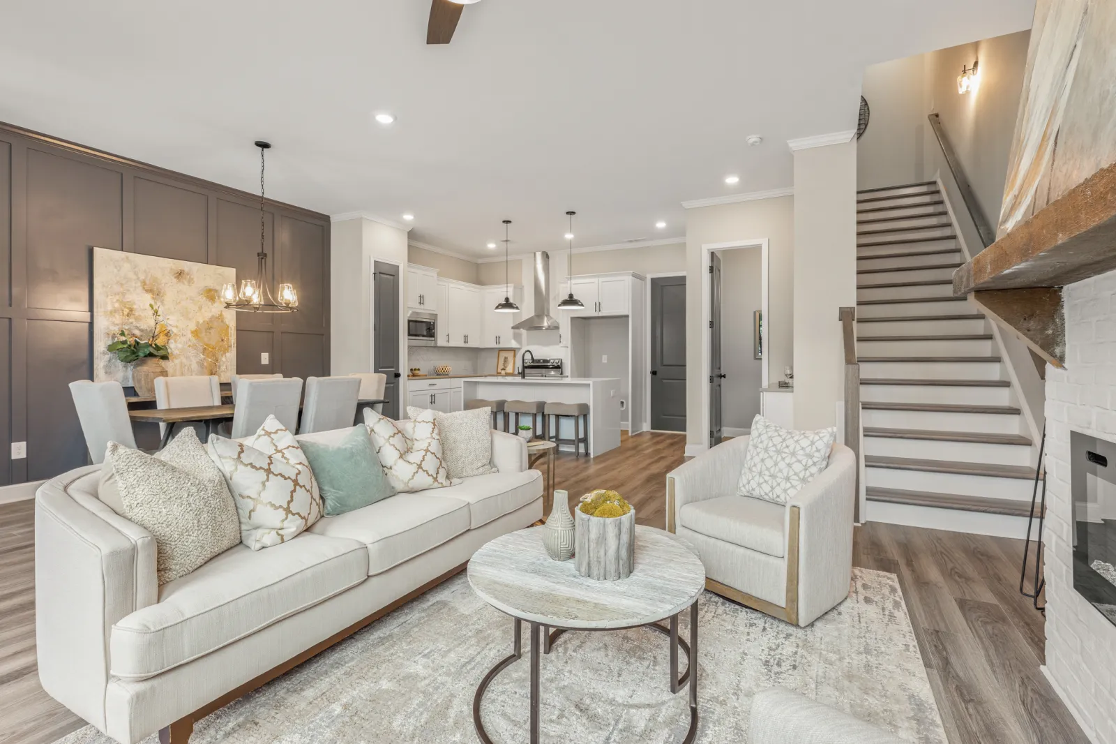 a living room with a fireplace