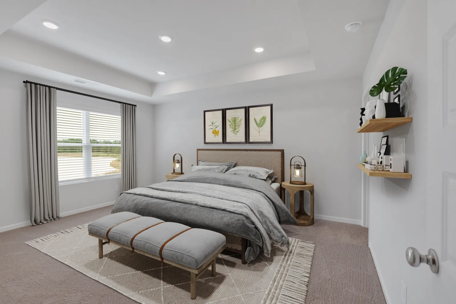 Modern bedroom with gray bedding, wooden bench, botanical prints, and neatly arranged shelves with decor.