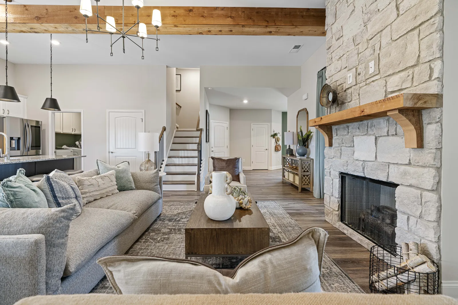 a living room with a fireplace