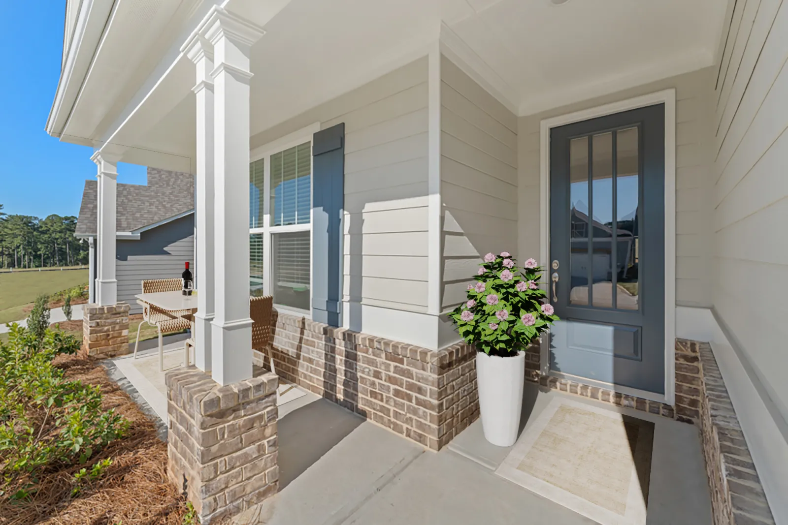 a house with a stone patio