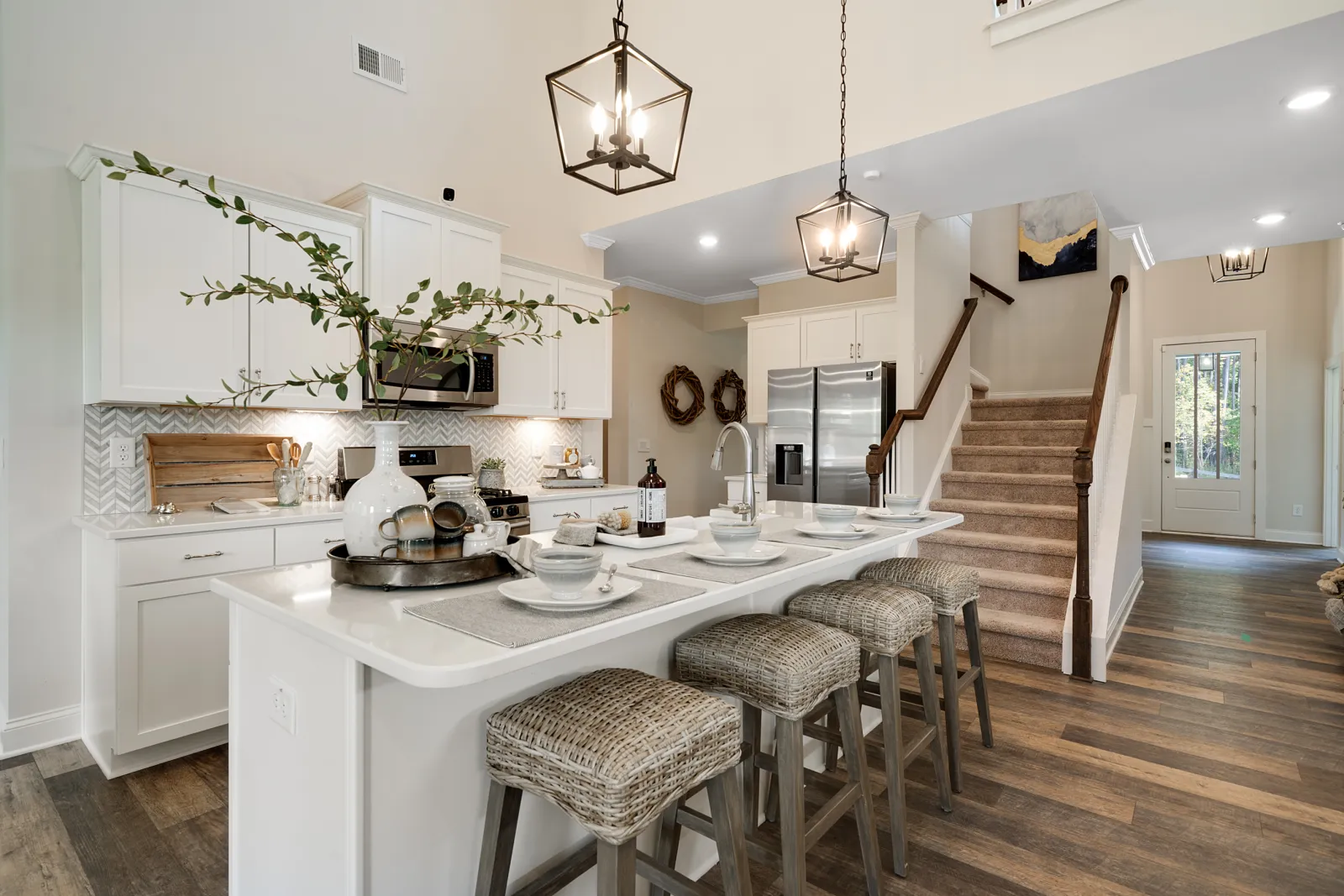 a kitchen with a wood floor