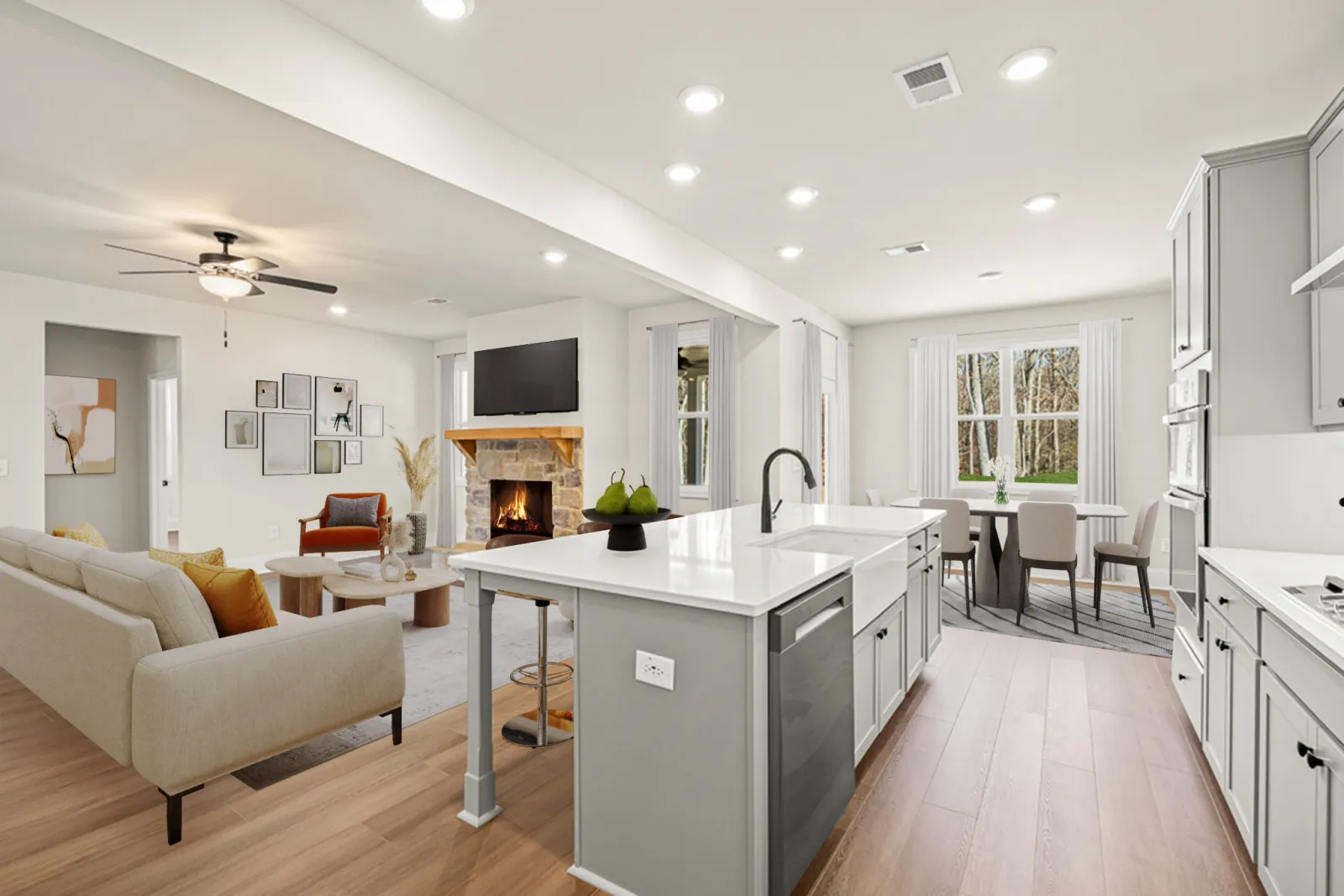 a kitchen with a fireplace and a couch