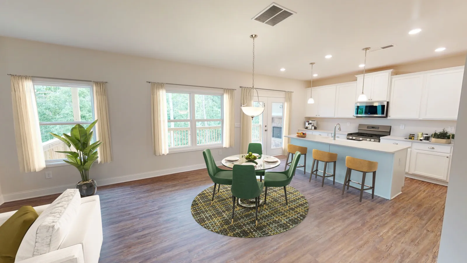 a kitchen with a dining table and chairs