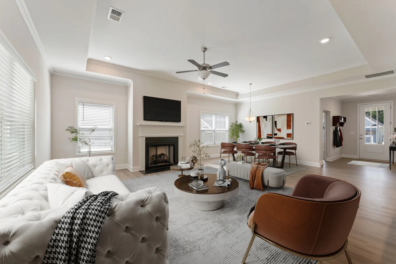 a living room with a fireplace