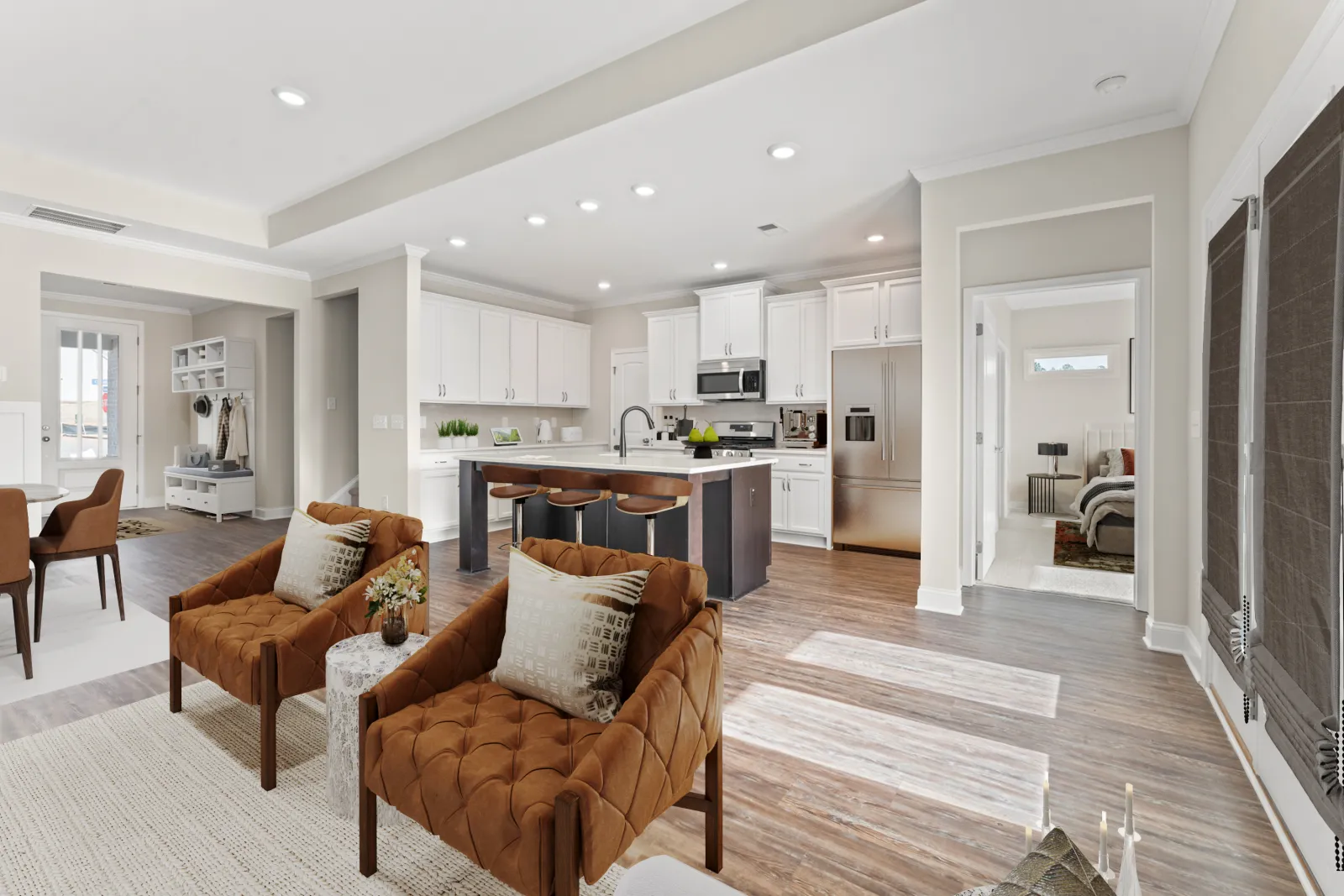 a living room with a wood floor