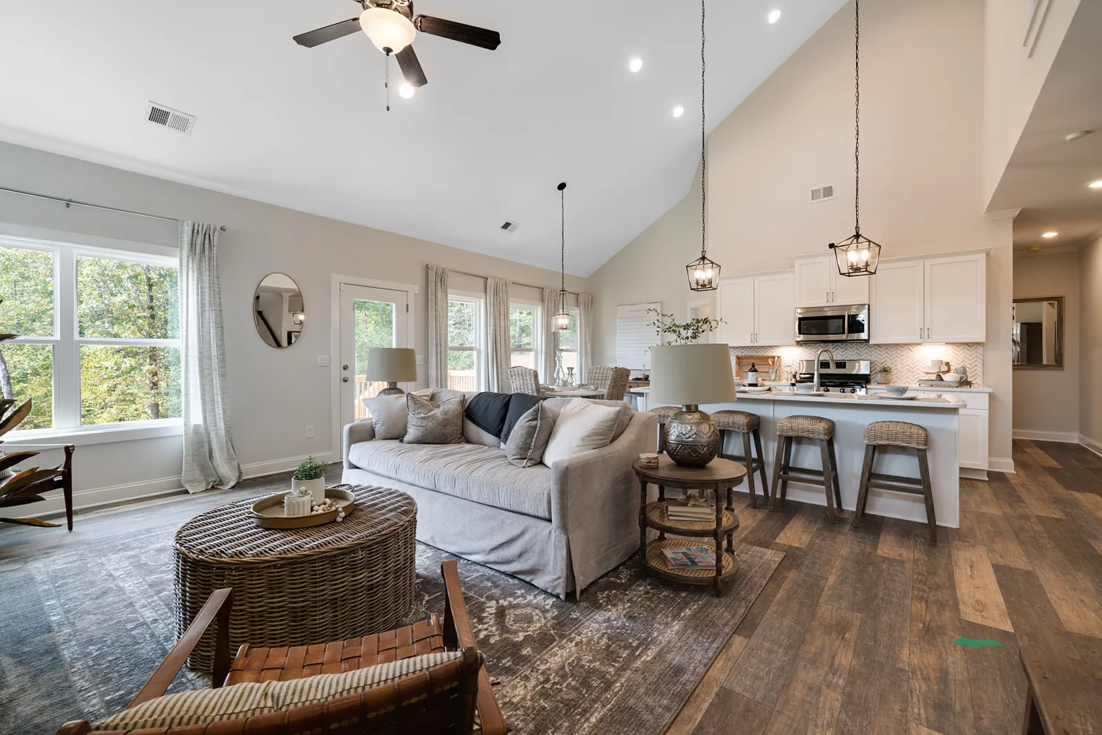 a living room with a couch and a table