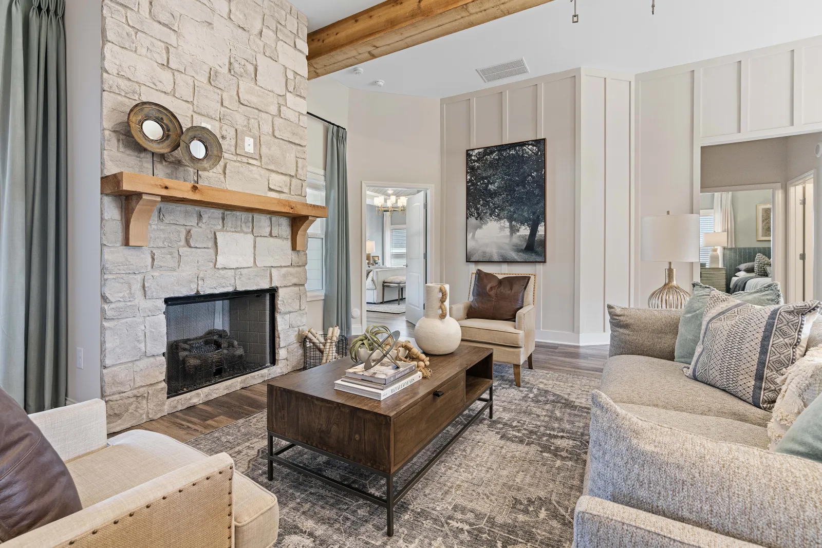 a living room with a fireplace