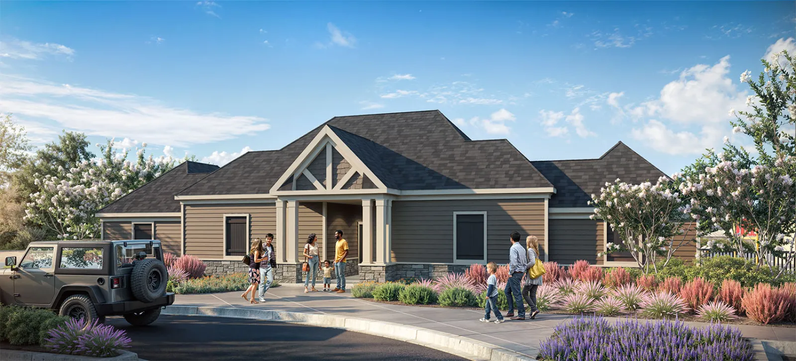 Modern single-story house with gabled roof, people walking on sidewalk, and an SUV parked nearby under blue sky