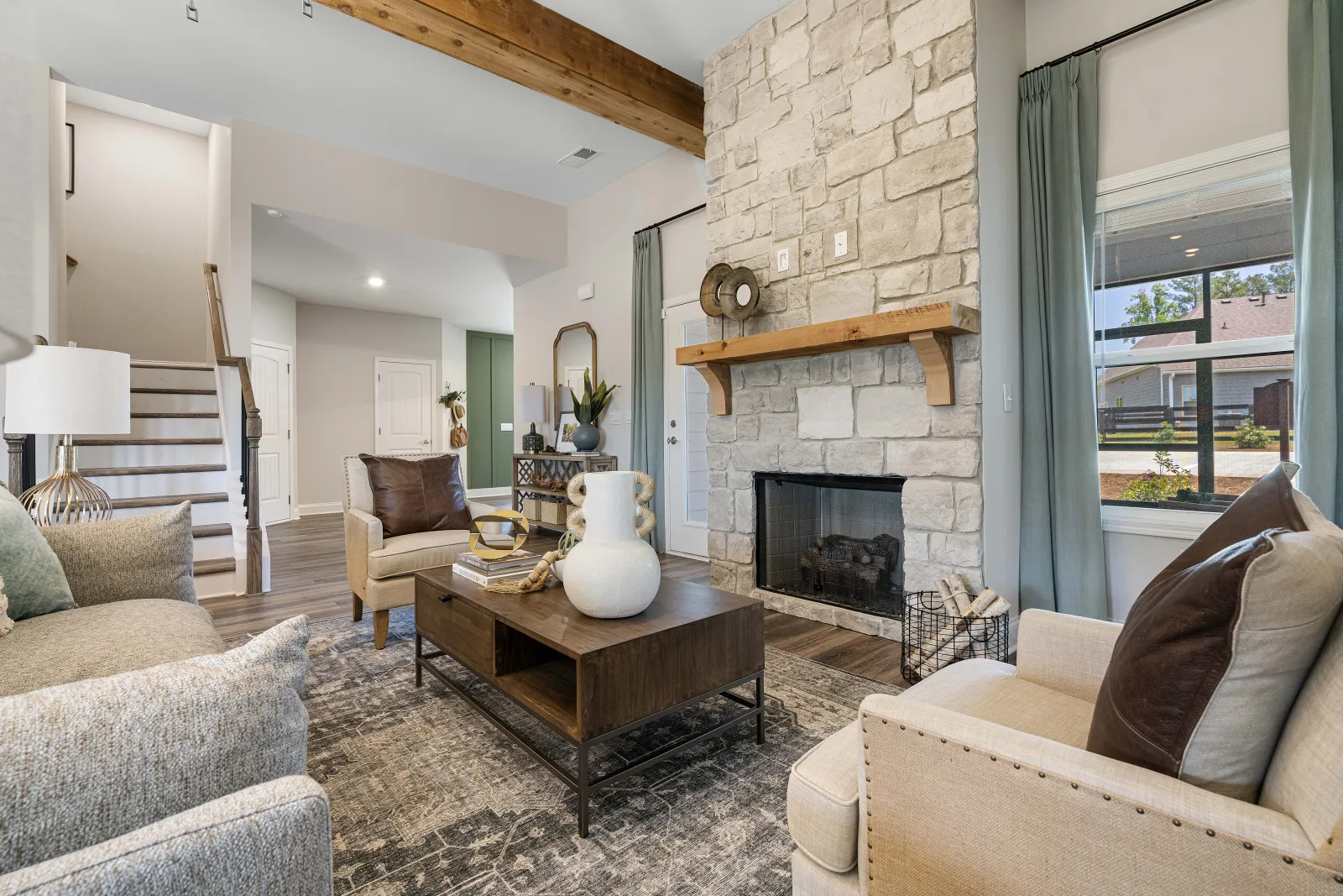 a living room with a fireplace