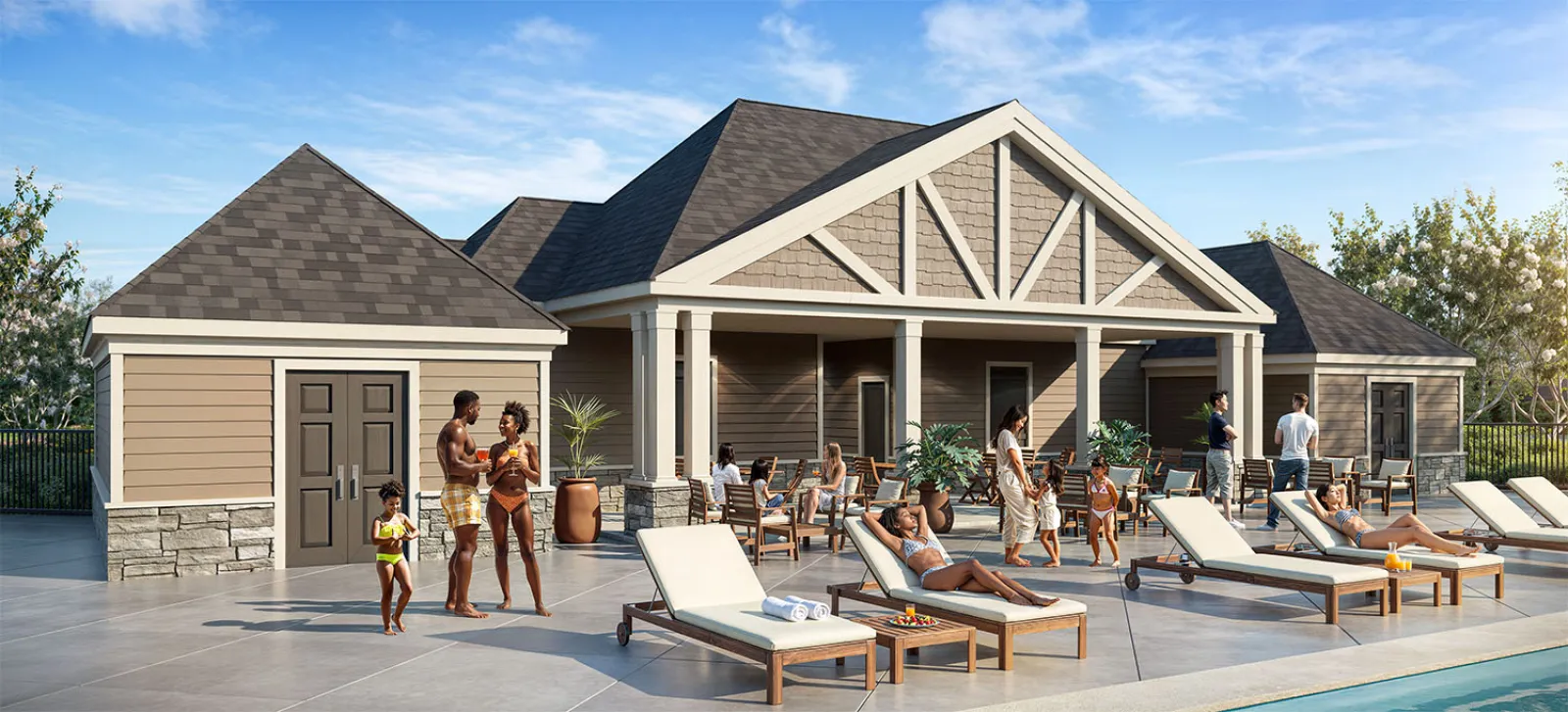 People relaxing and socializing around a poolside with lounge chairs and a modern clubhouse on a sunny day