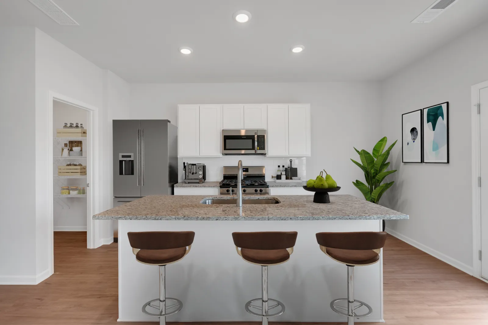 Modern kitchen with granite island, three bar stools, stainless steel appliances, and minimalist decor with plants.