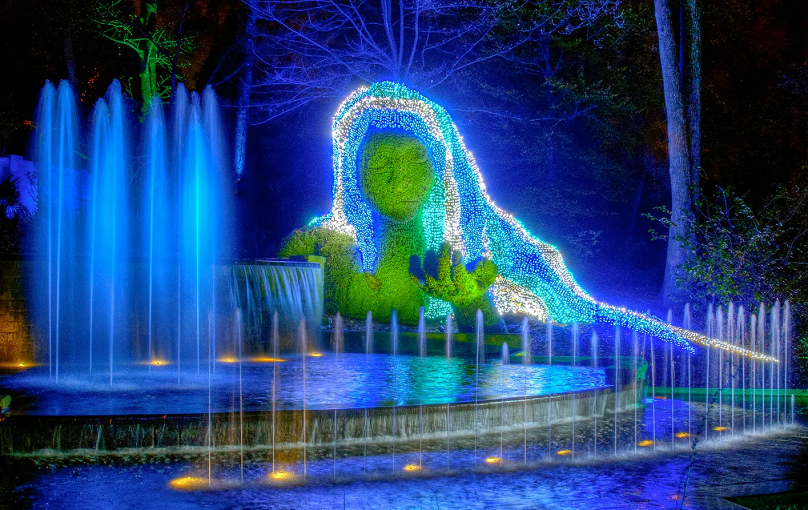 a fountain with blue lights