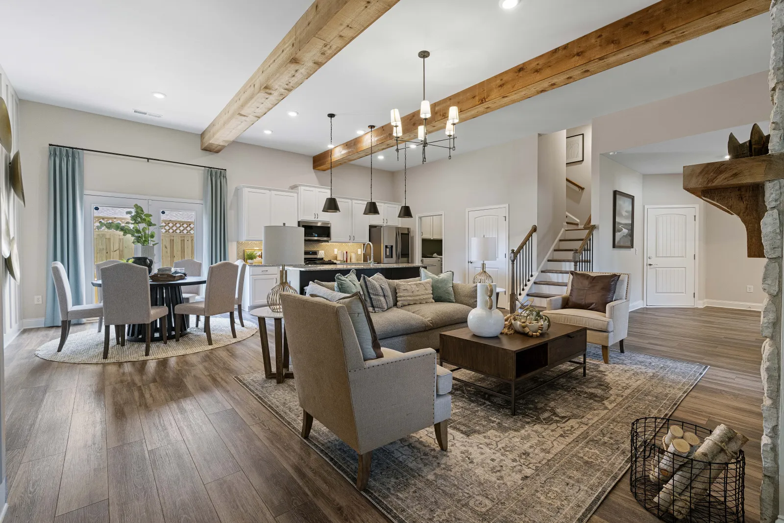 a living room with a wood floor