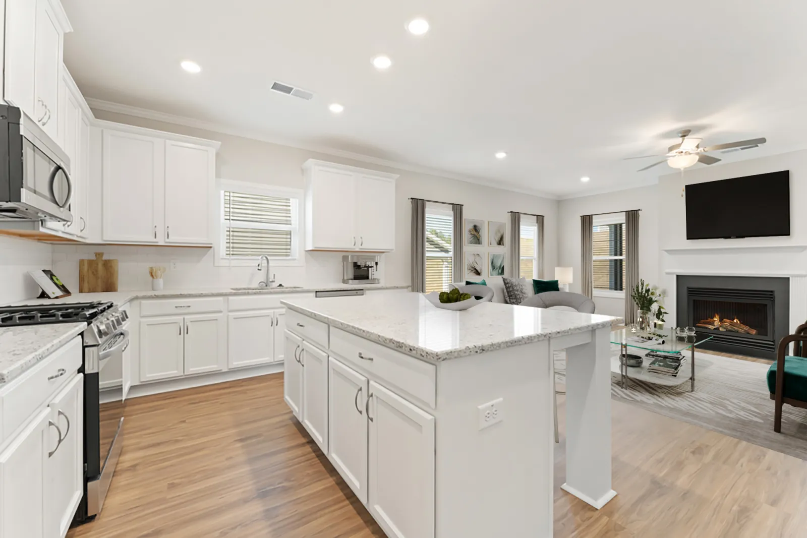 a kitchen with white cabinets