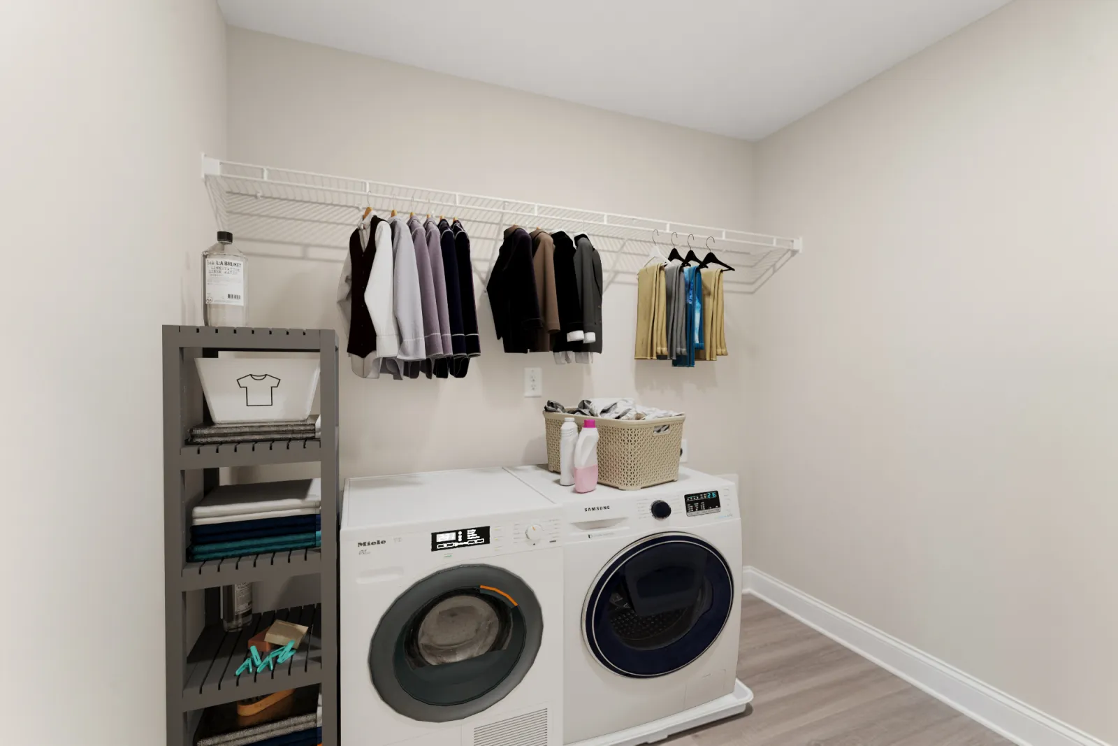 a laundry room with clothes