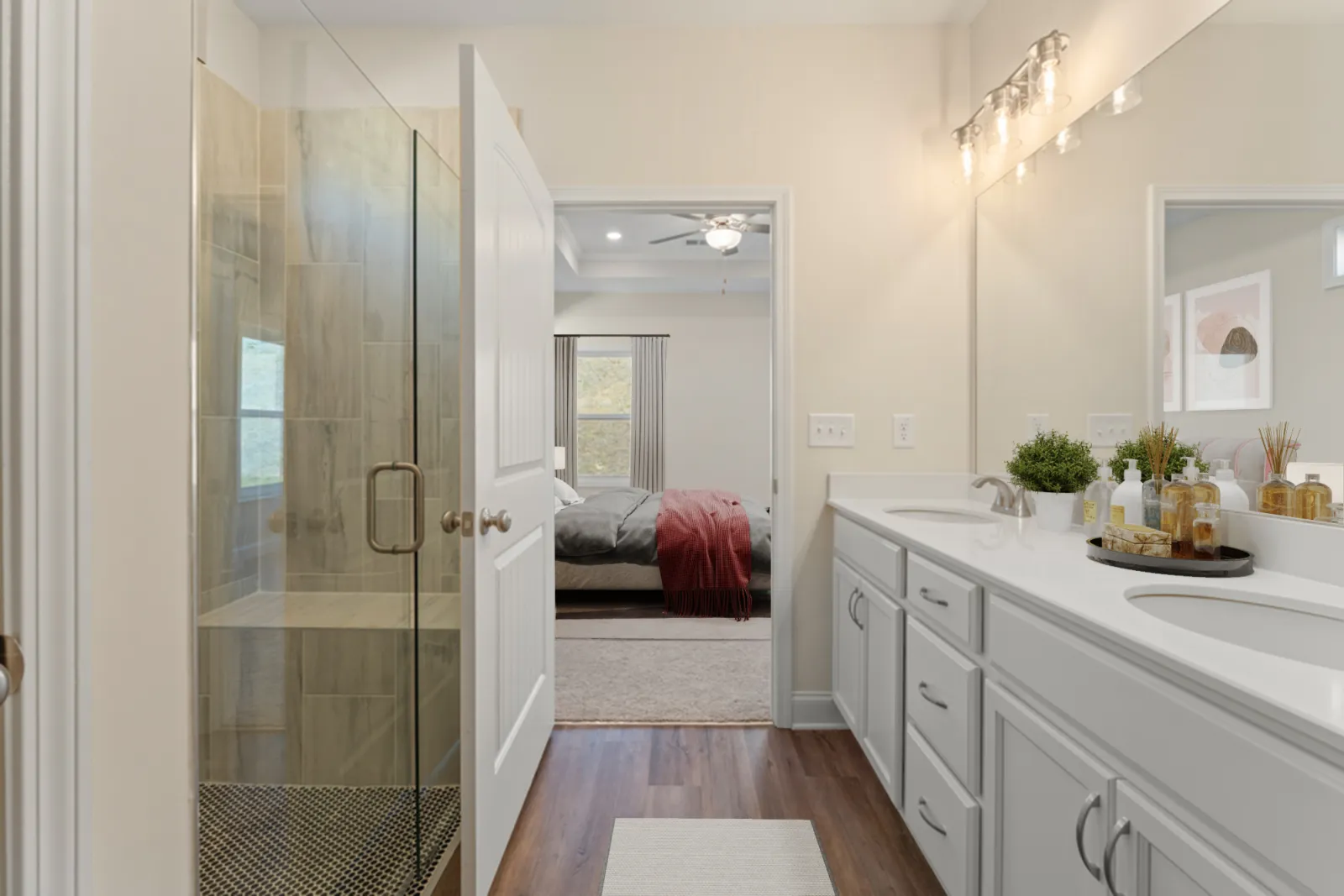 a bathroom with a glass shower