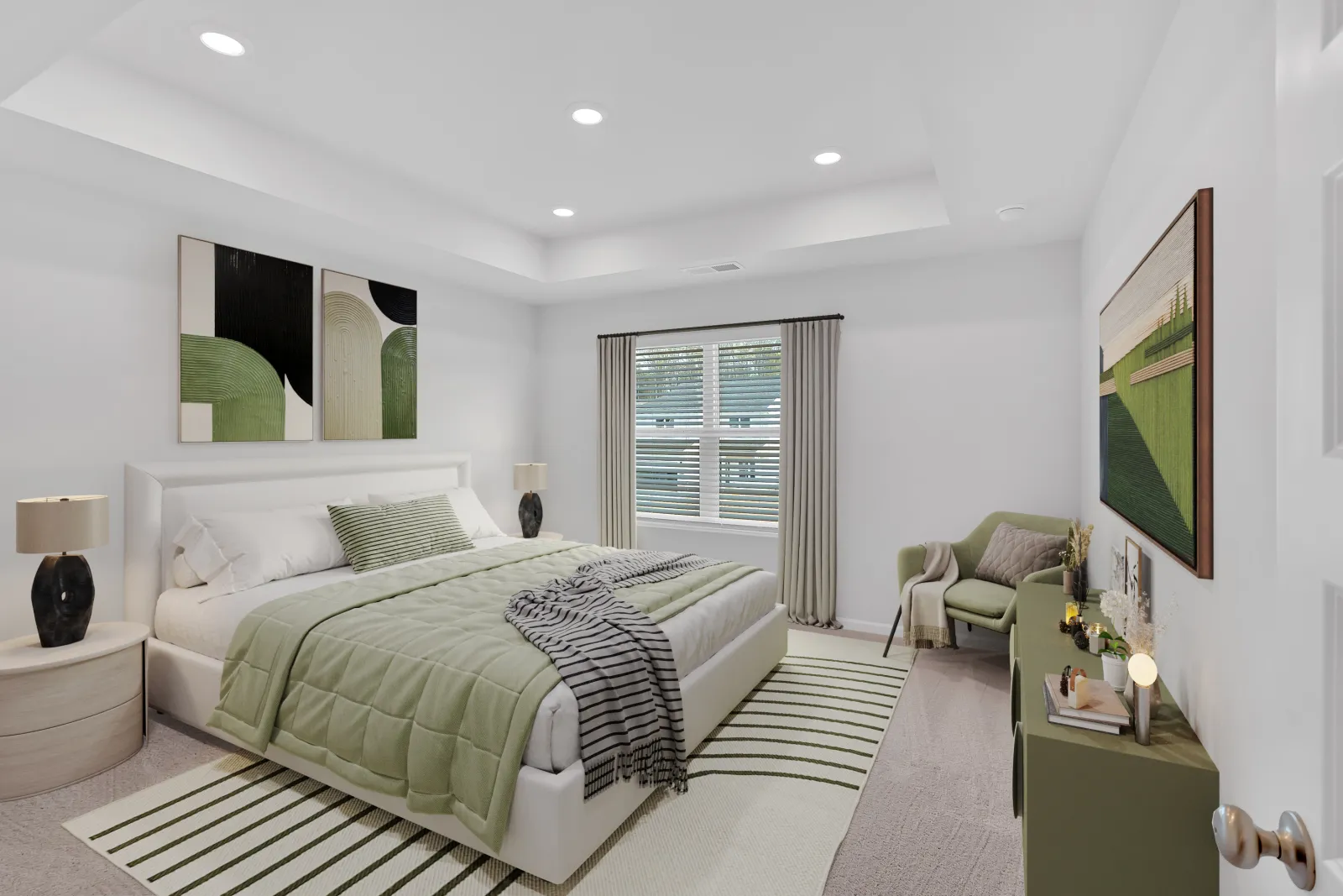 Modern bedroom design featuring green accents, cozy bedding, and stylish decor elements.