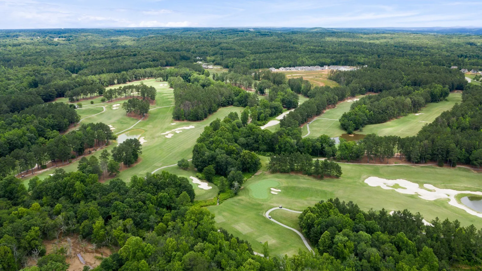 an overhead view of the green golf course at The Georgian