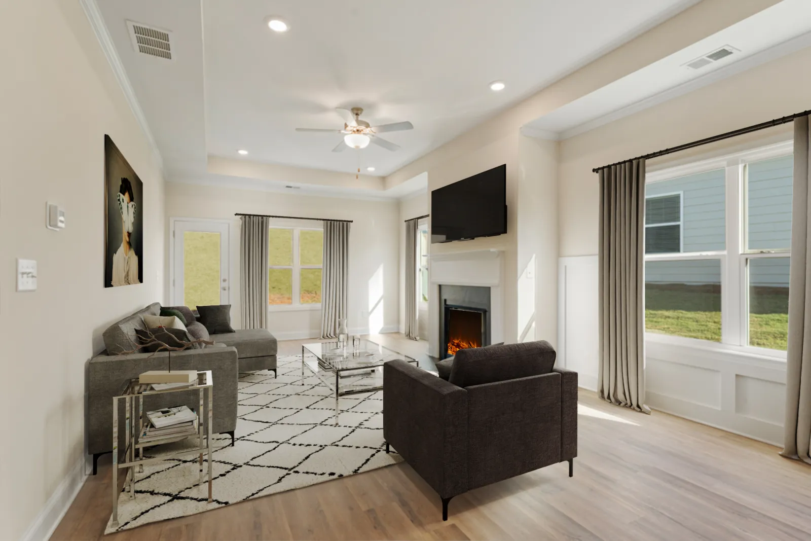 a living room with a fireplace