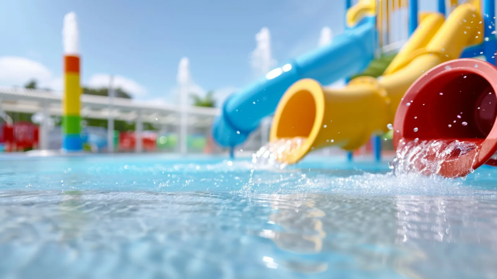 Colorful water slides pouring water into a shallow pool on a sunny day at a water park.