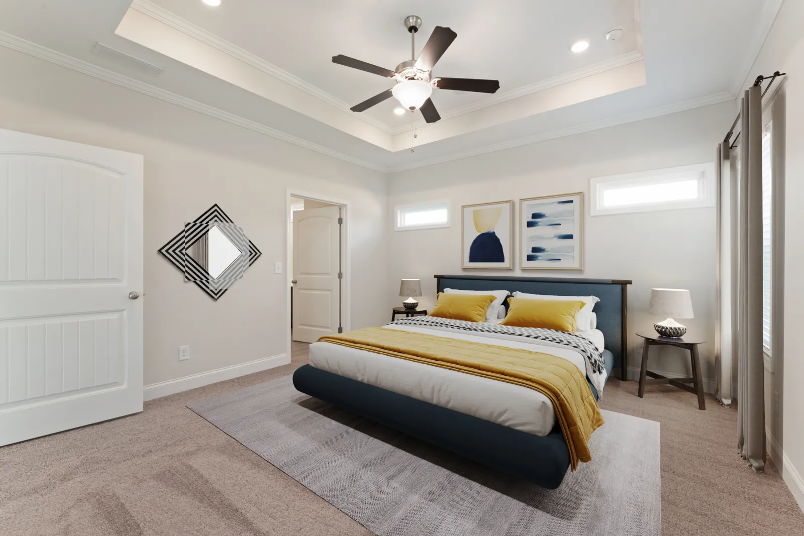 a bedroom with a bed and a fan