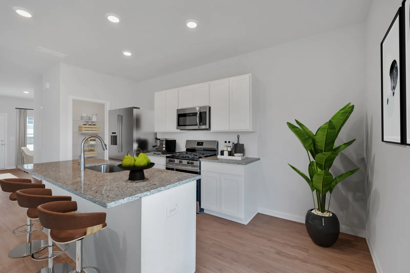 Modern kitchen with granite island, wooden bar stools, stainless steel appliances, and a large green plant in the corner