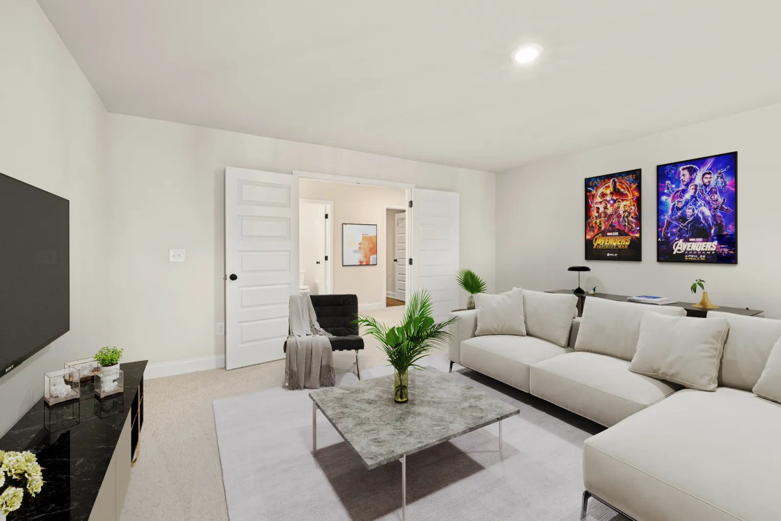 a living room with white furniture