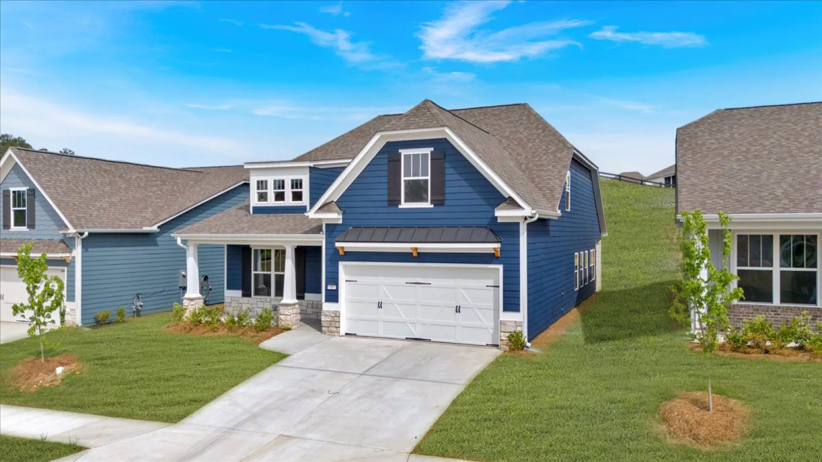 Modern blue two-story house with white garage door, concrete driveway, and green lawn under clear blue sky.