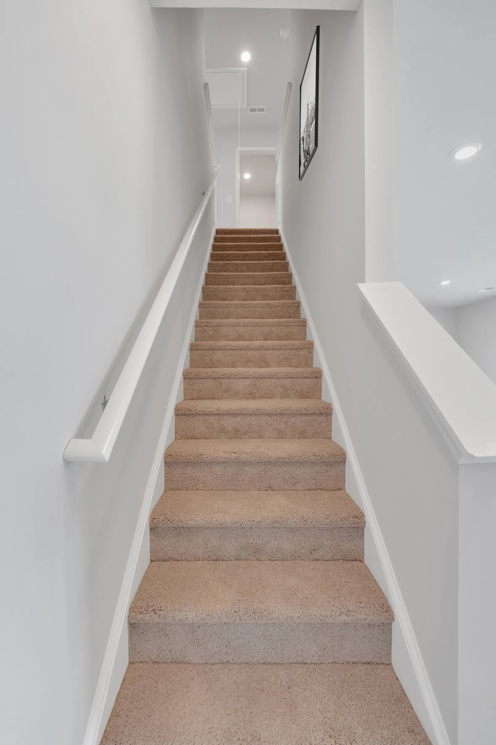 Carpeted staircase with beige steps, white walls, handrail, and a framed picture on the right wall under ceiling lights.