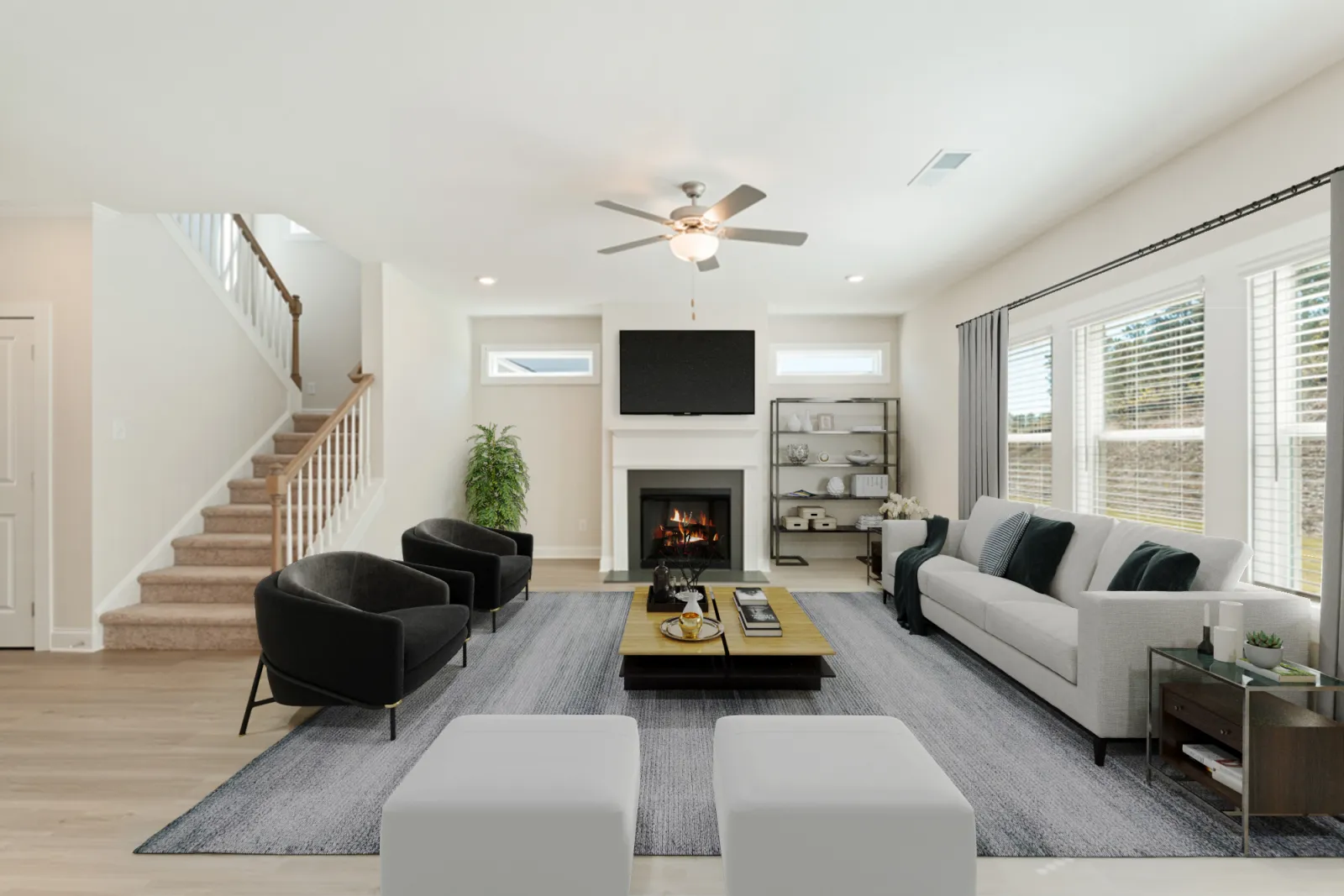 a living room with a fireplace and a couch